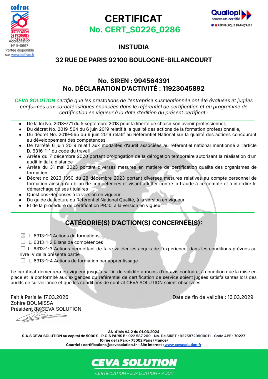 Aperçu du Certificat « Actions de formation »